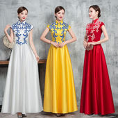 新式 旗袍礼仪小姐长款 青花瓷酒店开业典礼迎宾颁奖学生礼仪队礼服