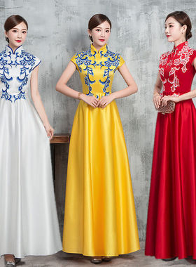 新式旗袍礼仪小姐长款青花瓷酒店开业典礼迎宾颁奖学生礼仪队礼服
