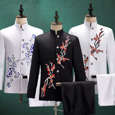 中山装演出服男士套装学生主持礼服演出装套服青年中国风白色男装