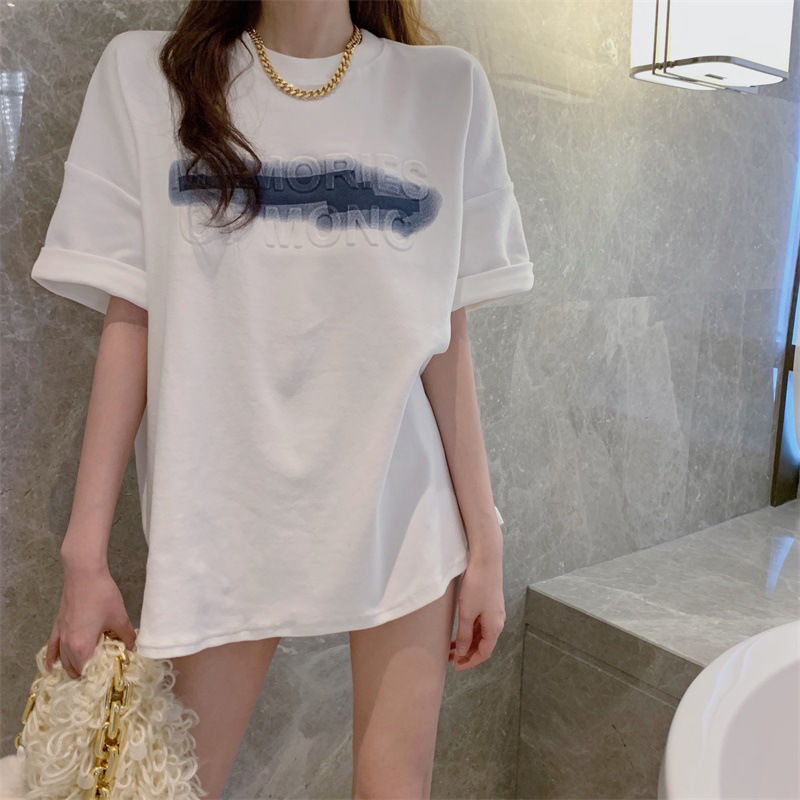 Summer new white T-shirt women's mid long loose Korean short sleeve top foam three dimensional printing trend