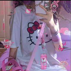 Summer new Japanese sweet loose and versatile student cartoon cute kitty print short sleeve T-shirt blouse