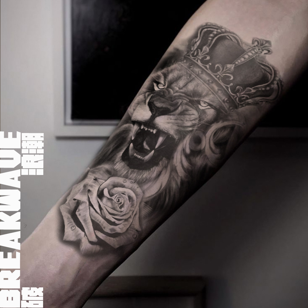 破浪潮纹身贴皇冠狮子写实凶猛钢铁直男花臂花腿ins风欧美硬气