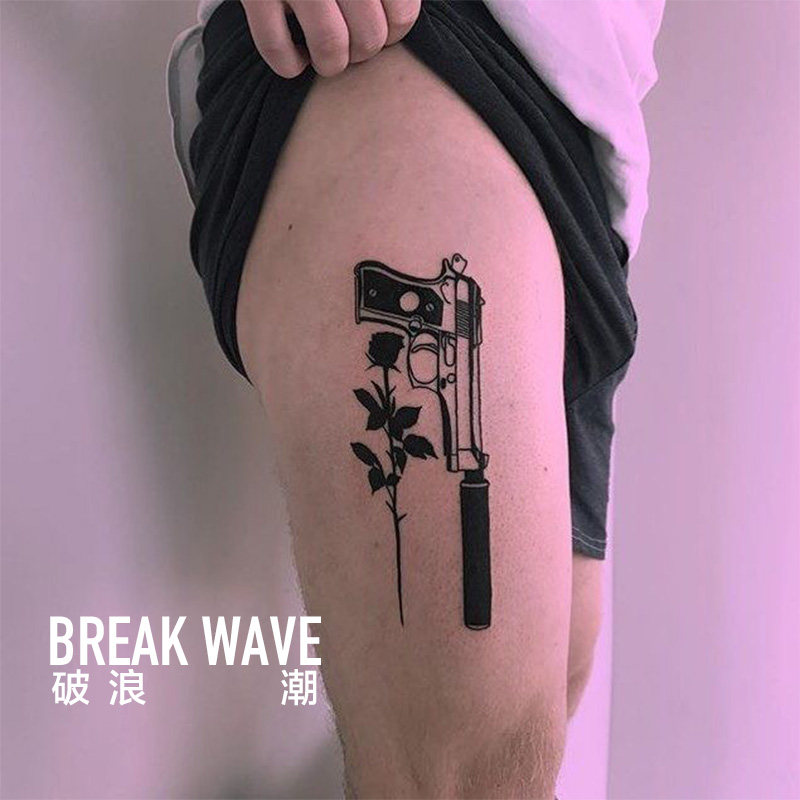 破浪潮原创纹身贴枪花玫瑰ins手枪网红暗黑花腿花臂纳米不反光