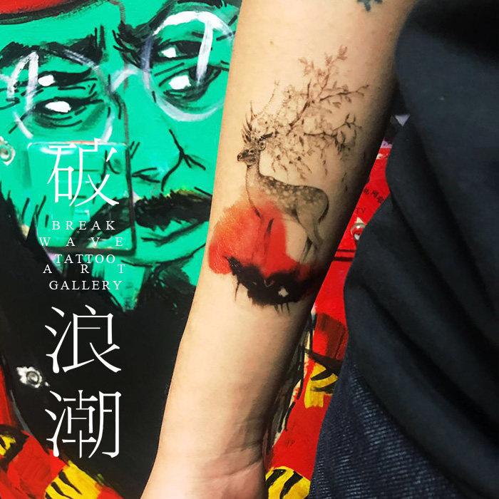 破浪潮纹身贴鹿鹿角水彩文艺小清新梅花鹿晕染素描网红ins风高级