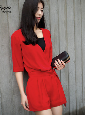 LAFOPPA潮流夏季连体裤女深v领短裤连体衣珑白潮流女装红色连衣裤