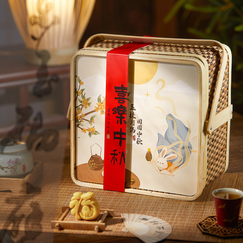中式竹篮高档双层竹编中秋月饼礼盒包装盒木质月饼礼品盒空盒子大