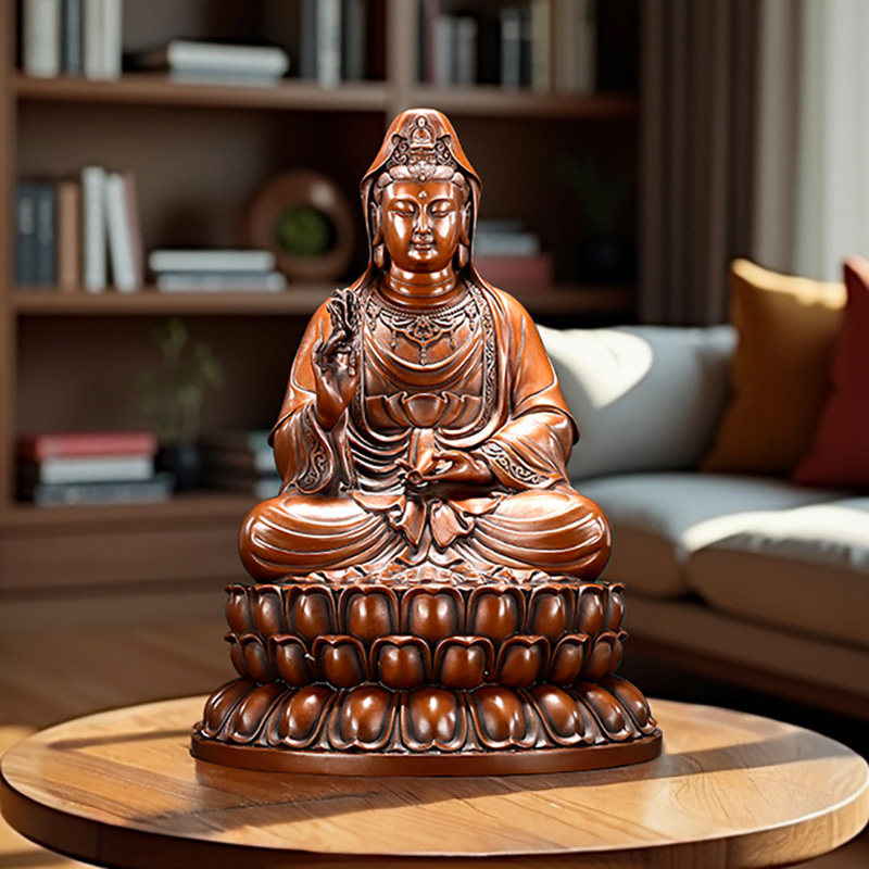 紫铜观音佛像摆件家居客厅室内观世音菩萨工艺品坐莲花观音供奉