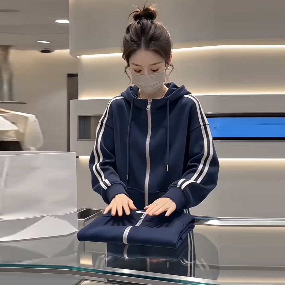 秋季新款女连帽拉链卫衣阔腿套装