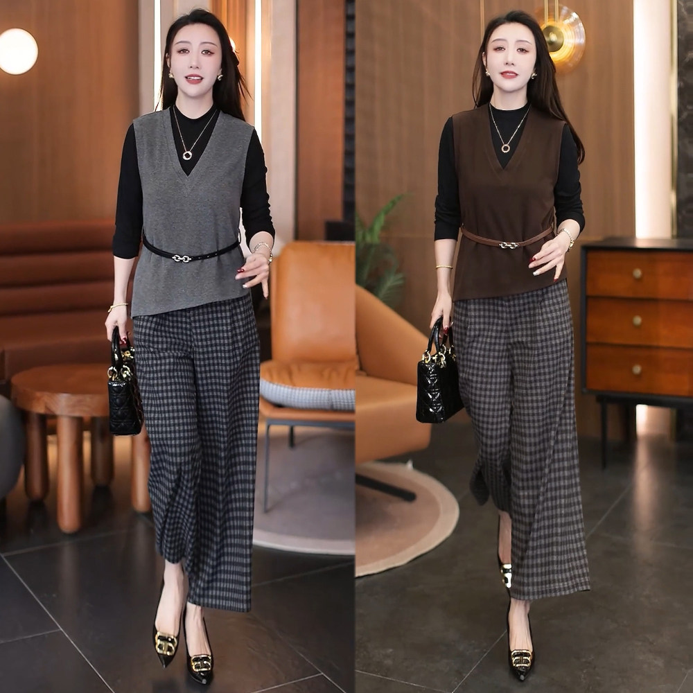 秋季女马甲三件套收腰显瘦格子