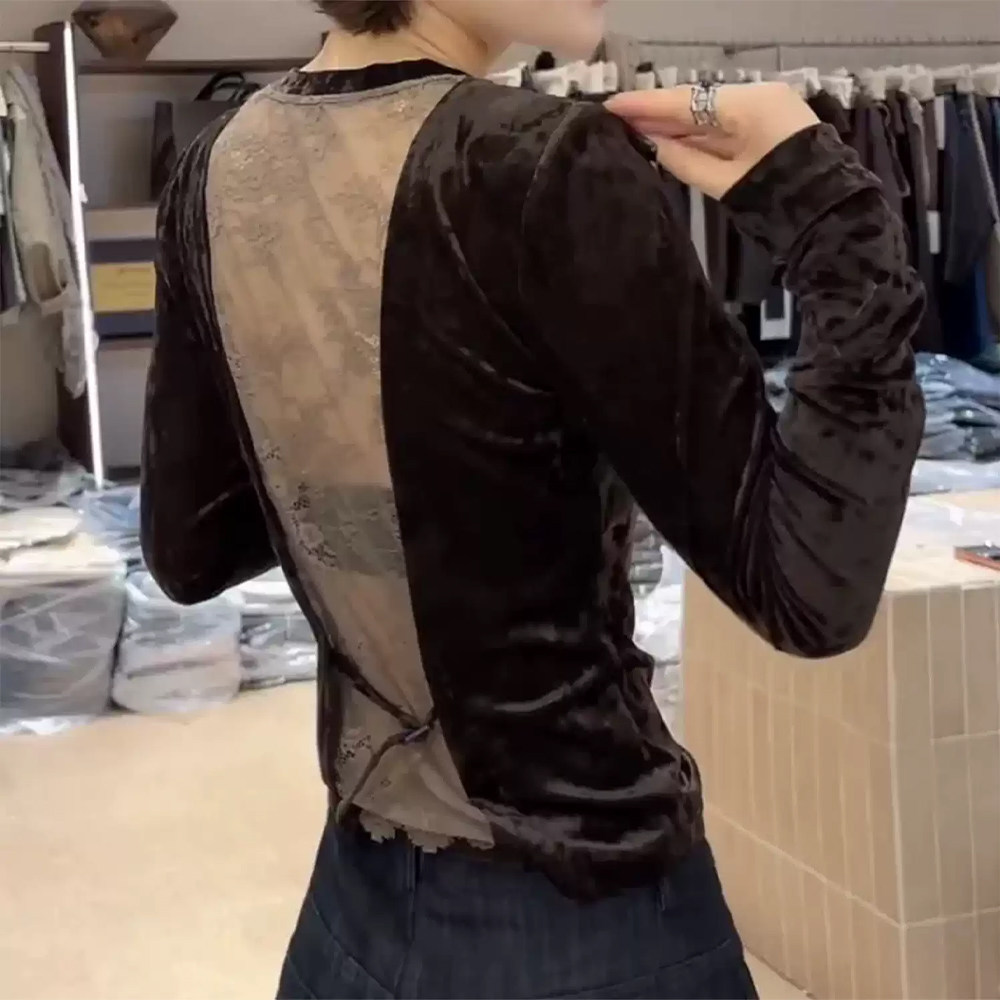 后背蕾丝修身显瘦长袖T恤女