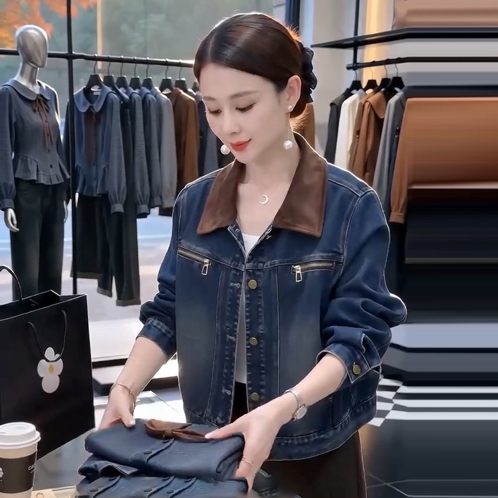 复古撞色短款牛仔外套女显瘦