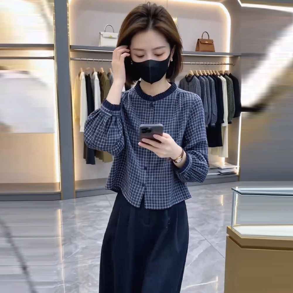 秋季新款蓝格长袖显瘦女衬衫