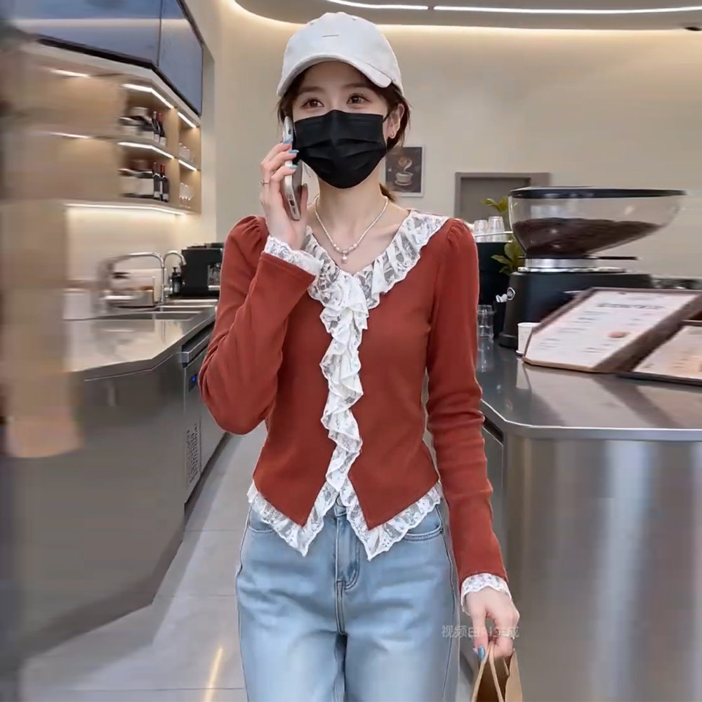 V领蕾丝荷叶边长袖显瘦T恤女