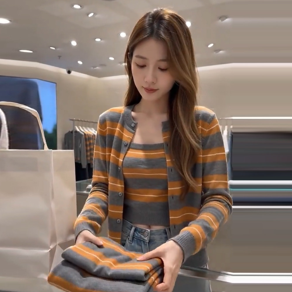秋季条纹叠穿针织开衫两件套女