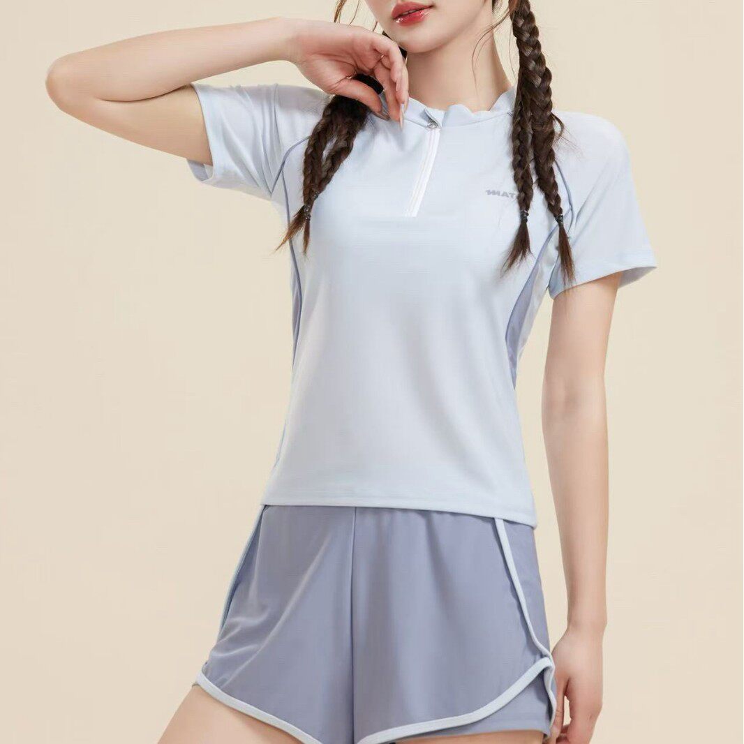 新水美人2608成人泳衣女夏季运动两件套保守遮肚显瘦短袖短裤泳装
