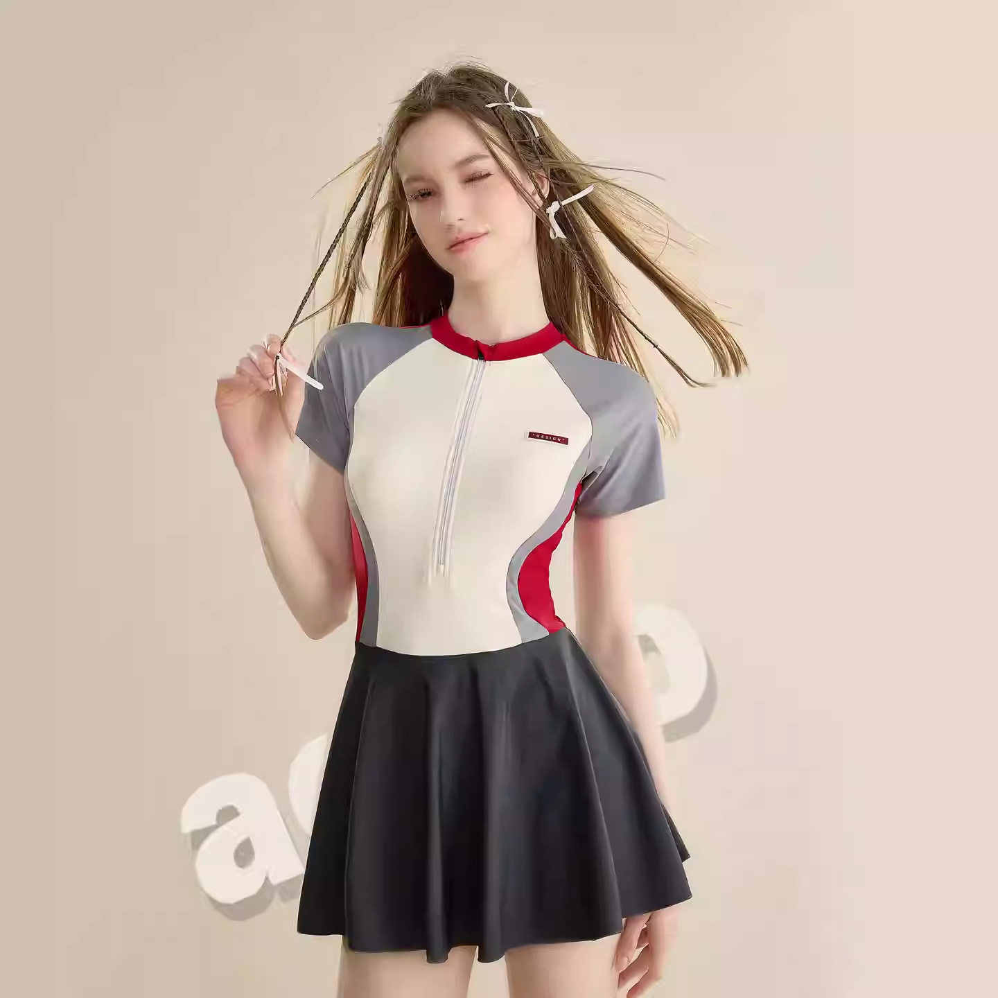 号手学院风短袖裙式连体泳衣女