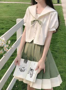 青茉中 学院风JK制服水手服清新温柔绿色夏天夏服海军领短裙套装