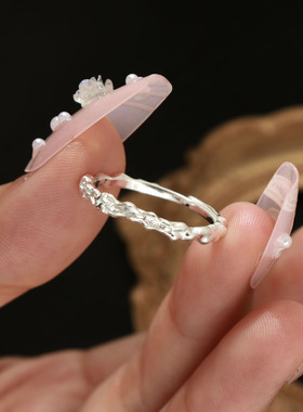 S999纯银足银戒指女星岩不规则ins设计感肌理质感时尚复古开口戒