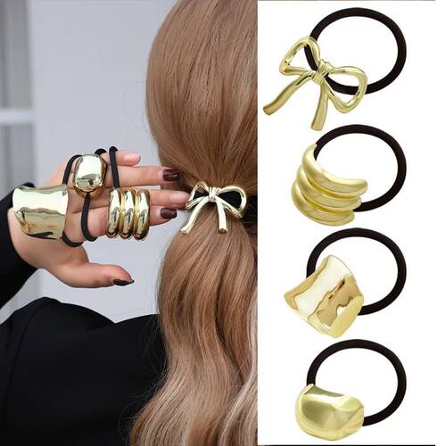 Retro Metal Irregular Gold Color Bow Hair Bands Elastic Hair