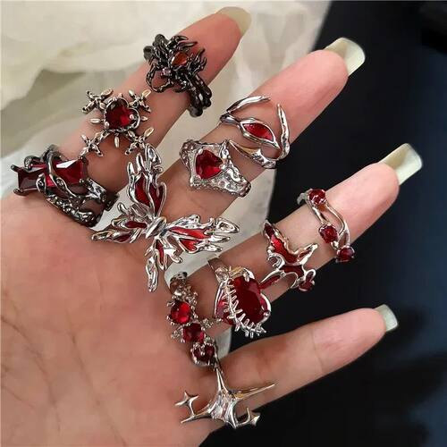 Goth Punk Retro Red Crystal Love Heart Cross Geometry Irregu