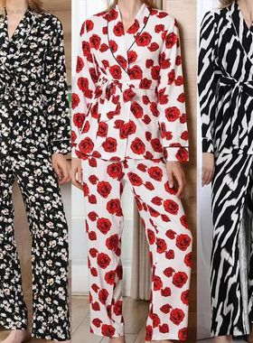 Women's Pajamas Two-Piece Set Print Flower Long Sleeved Trou