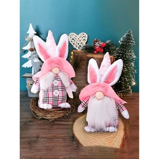 Easter Pink Plaid Rudolph Bunny Figurine, Easter Doll Goblin