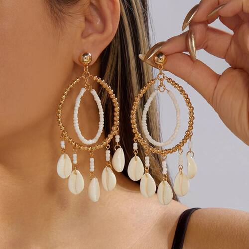Boho Cowrie Shell Drop Earrings for Women Gold Color Beaded
