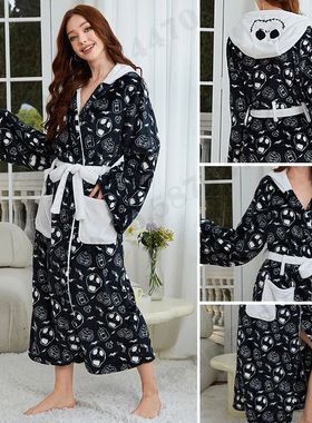 Black Flannel Long Robe Hooded Cartoon Sleepwear Women's Win