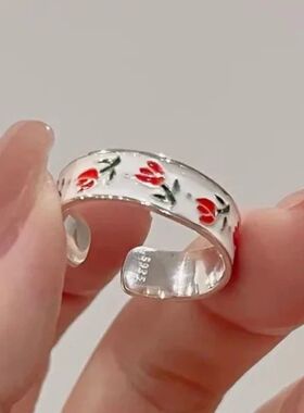 Enamel Tulip Ring for Women - Vintage Adjustable Opening Sta