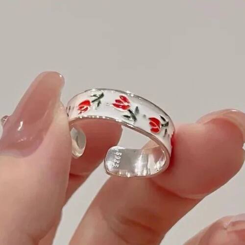 Enamel Tulip Ring for Women - Vintage Adjustable Opening Sta
