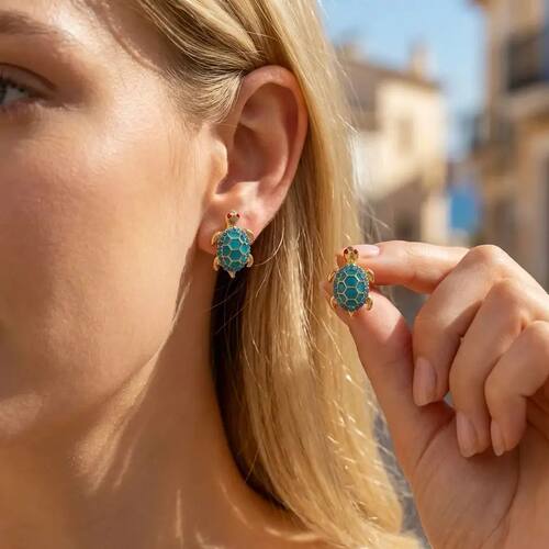Cute Animal Turtle Stud Earring For Women Blue Enamel Rhines
