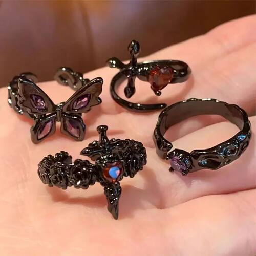 Gothic Dark Black Butterfly Cross Geometry Irregular Open Ri