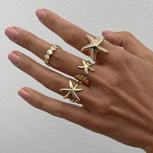 4Pcs/set Starfish Shell Open Rings for Women Men Gold Color