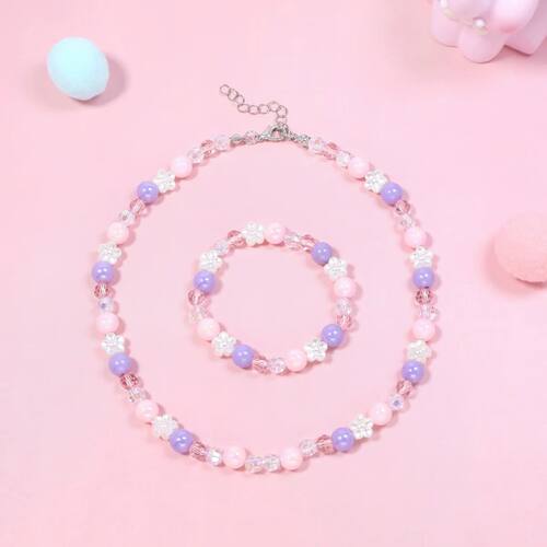 Pink Purple Beaded Jewelry Set 2Pcs Flower Necklace Bracelet