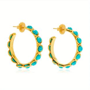 Ethnic Gold Color Inlaid Imitation Turquoise Copper Hoops Wo