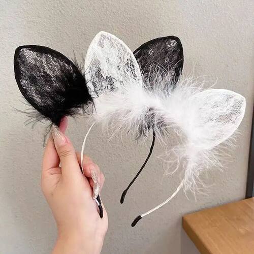 Sexy White Black Head Bezel Hairy Feather Lace Cat Ears Cute
