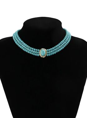 Turquoise Beaded Necklace - Dainty Layered Chain Gemstone Ch