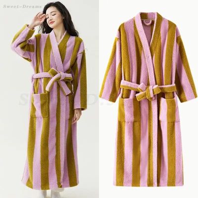Winter New Striped Long Robe Thick Flannel Women Sleepwear W