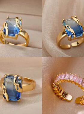 Cubic Zircon Blue Square Stone Rings For Women Stainless Ste