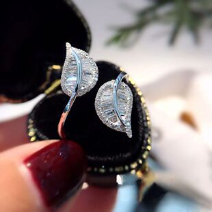 Cute Silver Color Leaf Adjustable Ring with Bling Zircon Sto