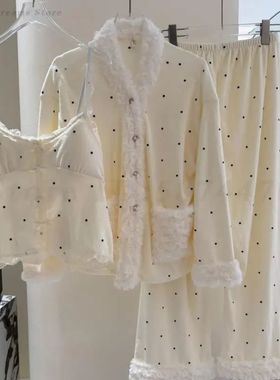 Autumn Winter 3Pcs Pajamas Set Velvet Polka Dot Strap Long S