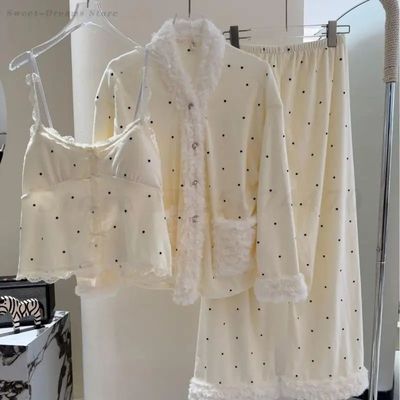 Autumn Winter 3Pcs Pajamas Set Velvet Polka Dot Strap Long S