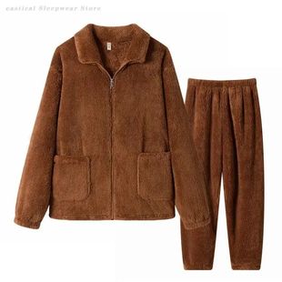 Female Sleepwear Trouser Suit Thickened Flannel 2PCS Pajamas