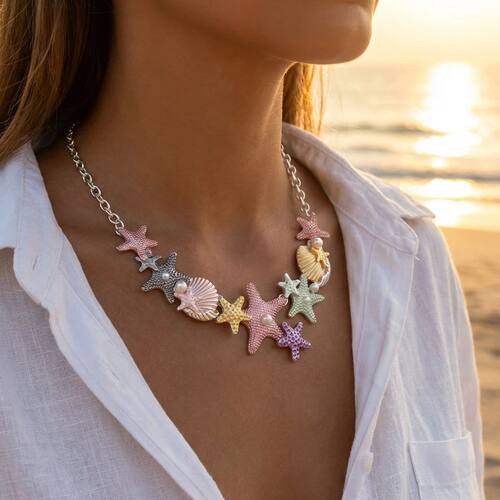 Bohemian Colorful Starfish Shell Pearl Necklace For Women Vi