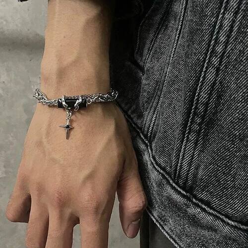 Men Bracelet 2024 Retro Black Zircon Star Chain Women Stainl
