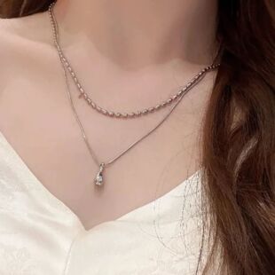 Silver Double Layer Waterdrop Pendant Necklace for Women, Pe
