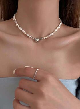 Korean imitation Pearl Chain Choker Necklace Magnetic Heart