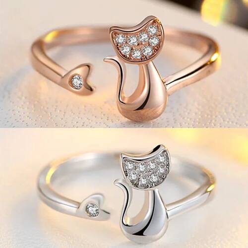 Cute Cat Adjustable Ring, Open Crystal Charm Ring for Women