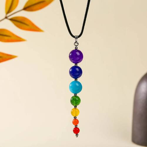 7 Chakras Colorful Chalcedony Natural Stone Leather Rope Nec