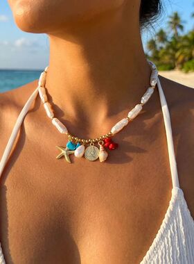 Boho Baroque Imitation Pearl Necklace For Women Starfish Con